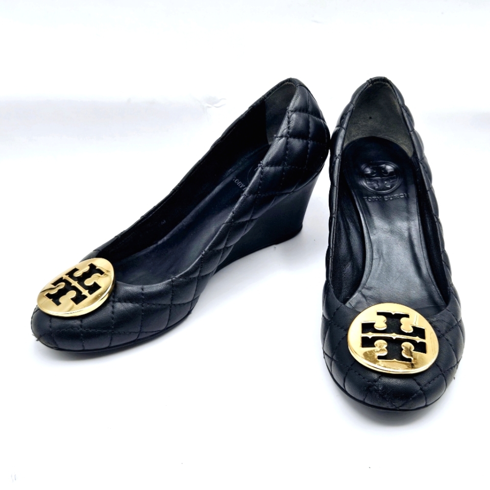 Tory Burch Black Quilted Wedges with Gold Logo